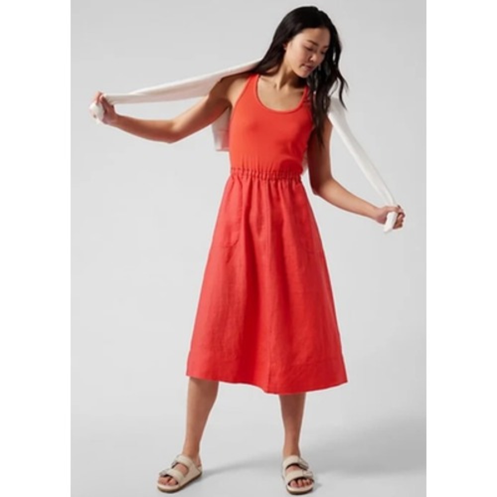 Athleta Baja Linen Midi Dressā Womens XS Coral Racerback Sundress Travel Beach